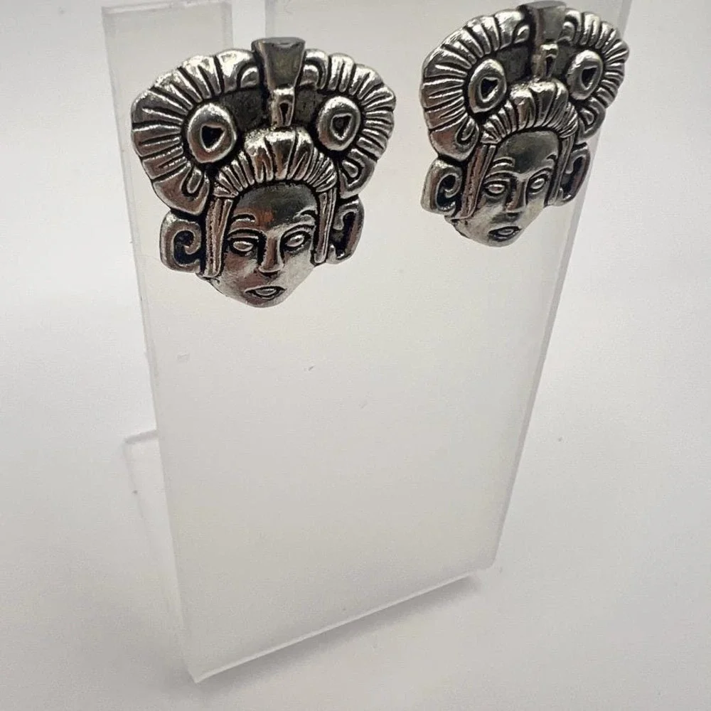Sculptural Tribal Face Earrings Silver Pierced‎ Posts Statement Bold Ethnic Vibe